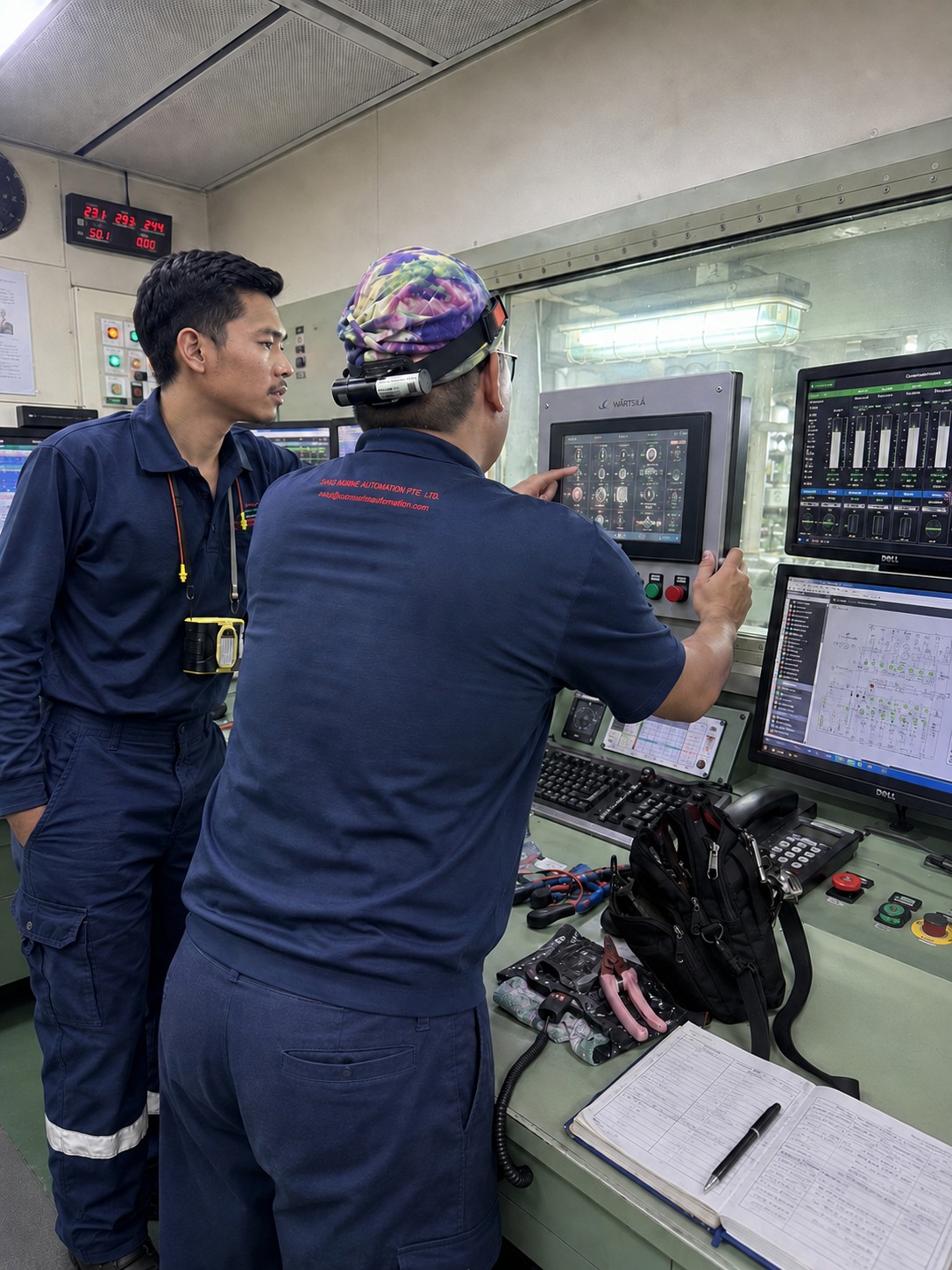 YMA technicians reviewing an engine control room touchscreen panel