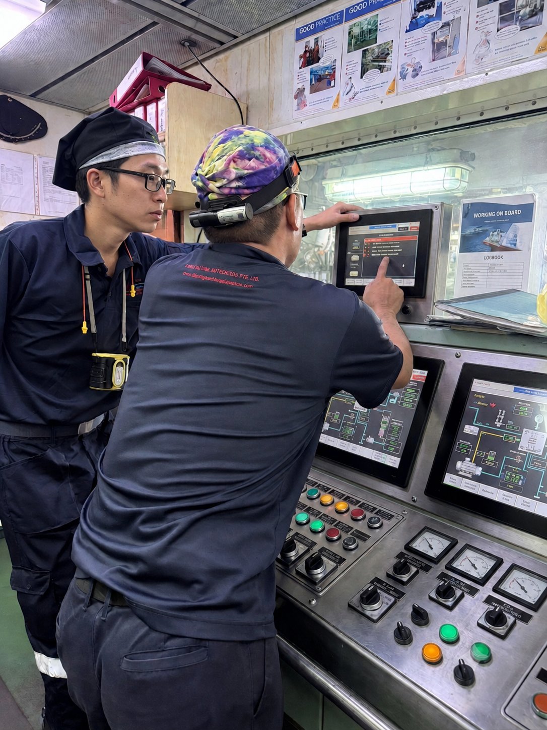 YMA technicians reviewing an engine control room touchscreen panel