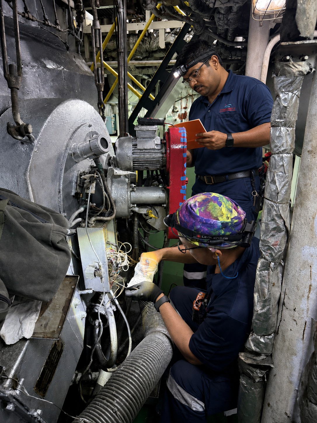 YMA technicians repairing motor wiring in a vessel engine room